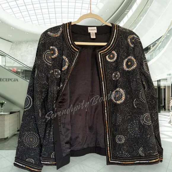 Chicos All Over Embroidery Beaded 100% Cotton Fully Lined Blazer Jacket - Picture 7 of 10